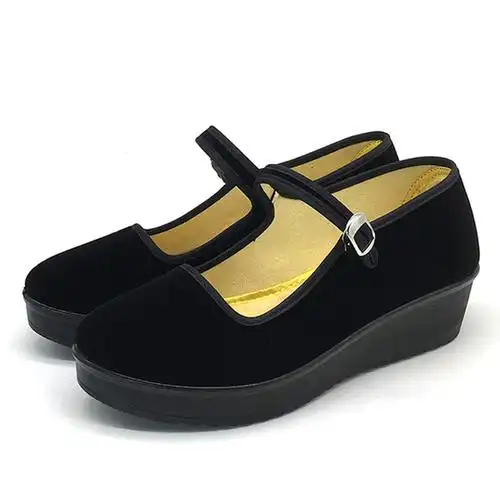 老北京布鞋黑色松糕厚底中跟防滑年轻女士酒店工作布鞋