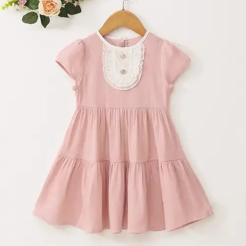 2022夏季新款童装粉色娃娃领短袖连衣裙外贸热销儿童衣服一件代发