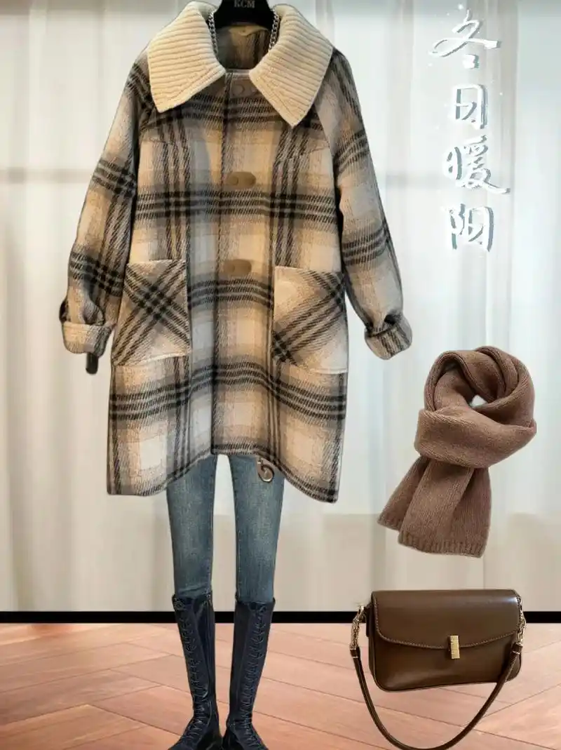 复古格纹呢子大衣女秋冬款学院风减龄宽松休闲加棉中长款毛呢外套