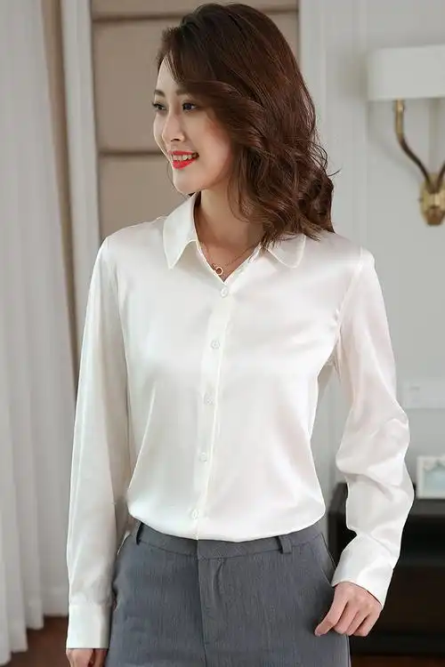 女装重磅真丝衬衫女长袖绸缎纯色长袖打底衫上衣修身显瘦桑蚕丝衬衣