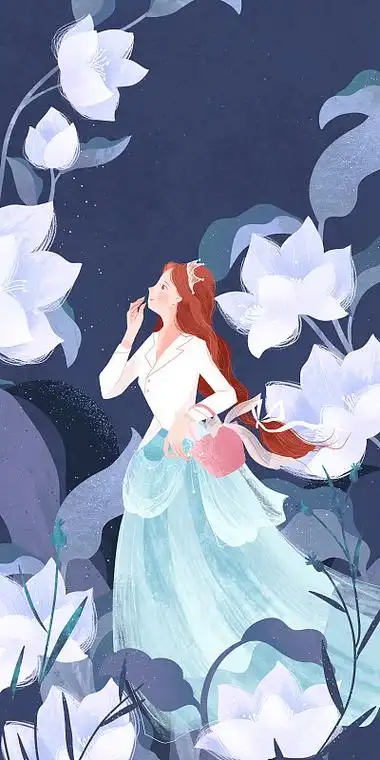 妇女节花丛中侧身的长裙长发少女插画图片