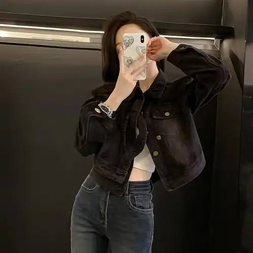 复古做旧黑色牛仔外套女春秋新款韩版宽松小个子显高短款夹克上衣