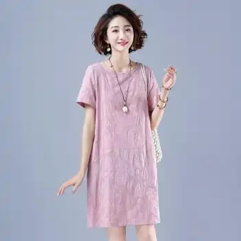 乌克莉麻料直身裙中老年棉麻直筒连衣裙休闲女年夏季新款中年妈妈气质