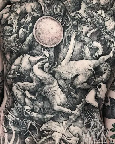 匈牙利纹身师rob borbas的神魔大战满背刺青图案作品