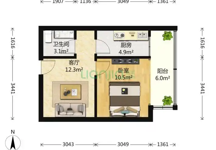 翠成馨园c区1室1厅1卫50平米装修案例