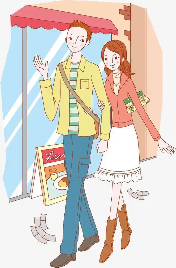 手绘卡通情侣逛街插画