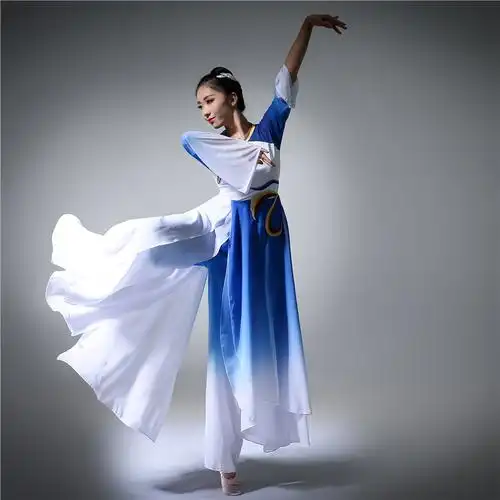 古典舞锦瑟舞蹈服女桃李杯飘逸独舞演出服女长裙长款风表演服 蓝色 m