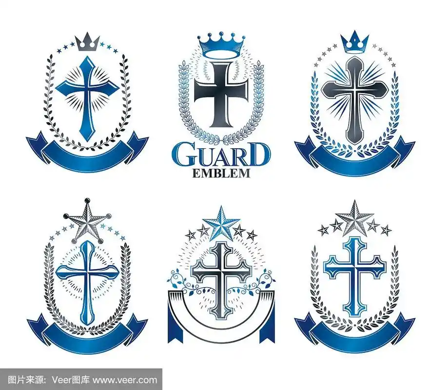 基督教十字架的象征性设置.纹章向量设计元素集合.