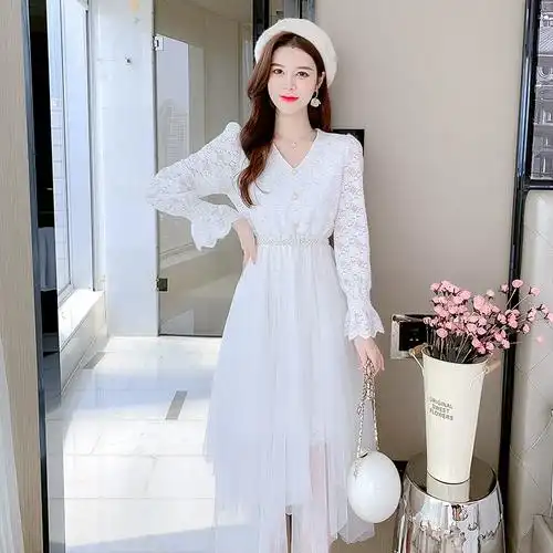 不规则气质长袖蕾丝网纱连衣裙女秋季春秋裙新款女秋冬2021时尚