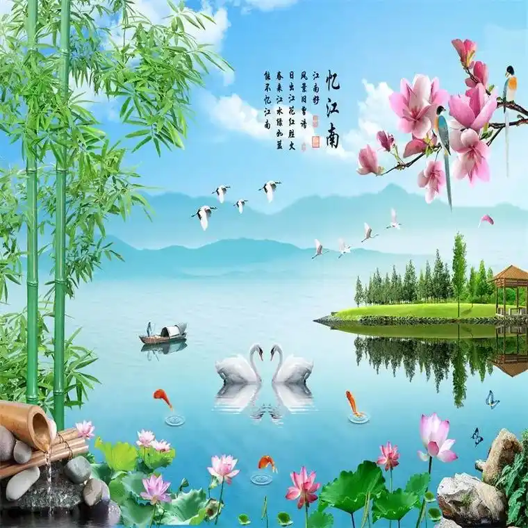 新款山水画墙布客厅背景墙主播直播间壁画.#新中式8d山水风景 - 抖音