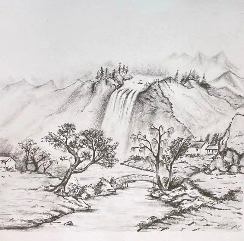 素描风景,山水画手绘 小桥流水人家90古道西边瘦马98 素描的风景