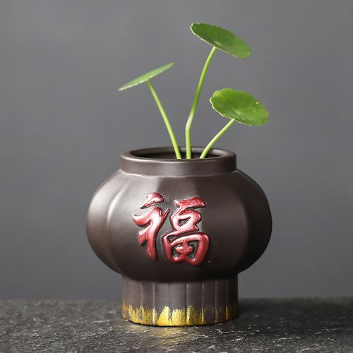 紫创意泥彩绘花瓶迷你禅意茶艺摆件 单个指尖花器--灯笼有福--紫泥