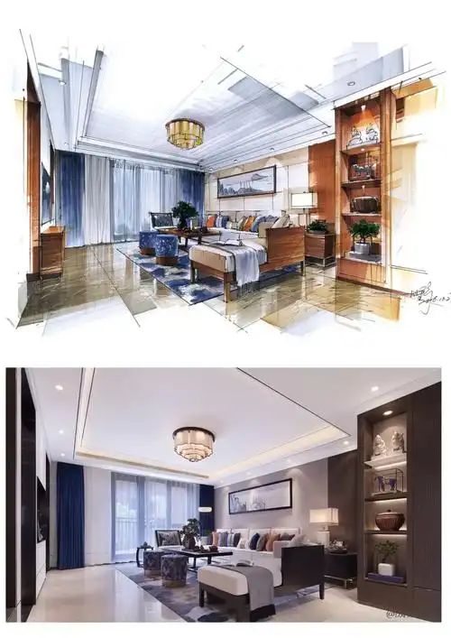 室内装修设计手绘效果图别墅客厅马克笔上色