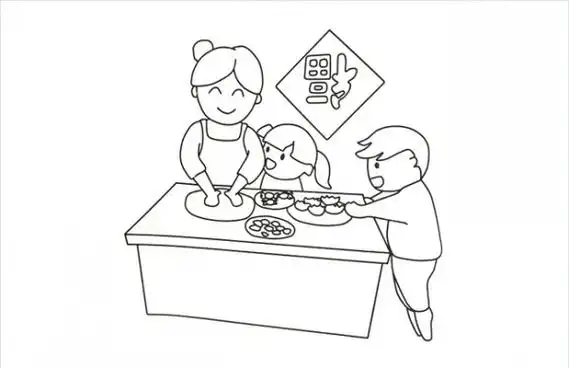过年简笔画图片 过年包饺子简笔画素材教程