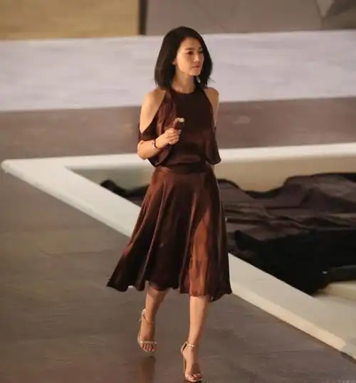 国民女神高圆圆夏季穿出高级感一条咖啡色连衣裙性感迷人