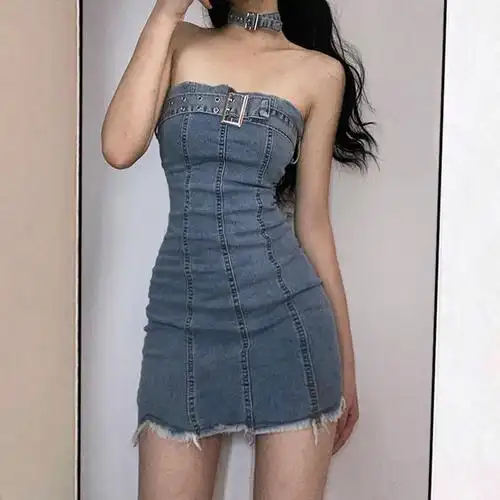 设计感纯欲抹胸牛仔裙夏收腰辣妹性感弹性女夏高腰紧身包臀连衣裙