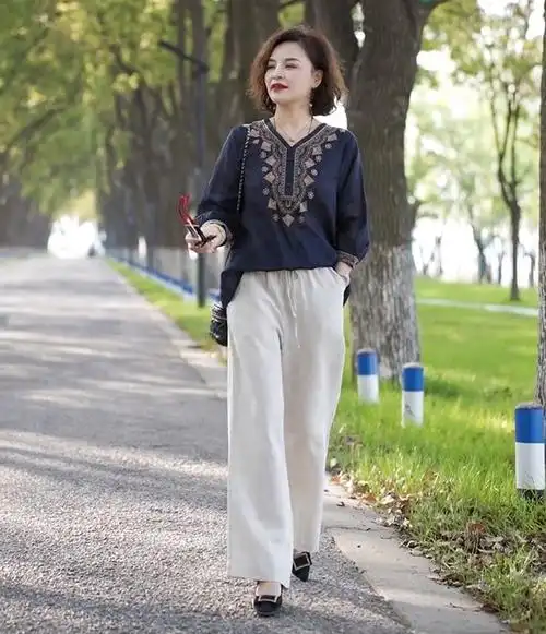 官图 亚麻阔腿裤女夏高腰垂感宽松大码松紧腰直筒裤复古棉麻裤子 - 17