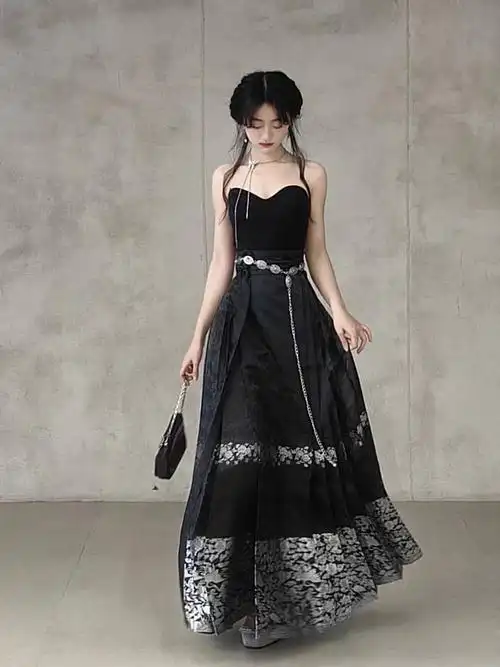 新中式女装国风套装裙黑色抹胸上衣马面裙年会晚礼服高级感两件