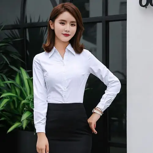 芬巴伦白衬衫女长袖v领商务上班正装职业修身工装衬衣绣logo定制
