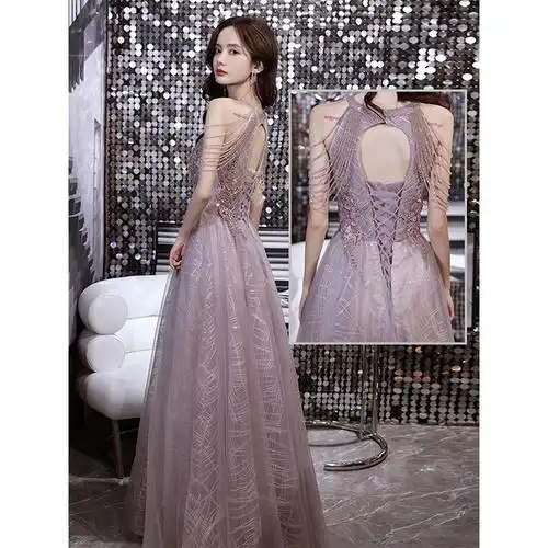 惊艳晚礼服裙女宴会气质轻奢小众高端名媛年会主持人挂脖流苏生日