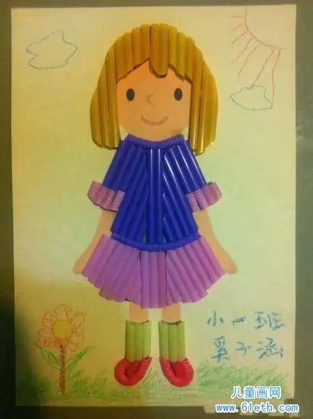幼儿园小班人物吸管粘贴画图片:漂亮的女孩_儿童画网