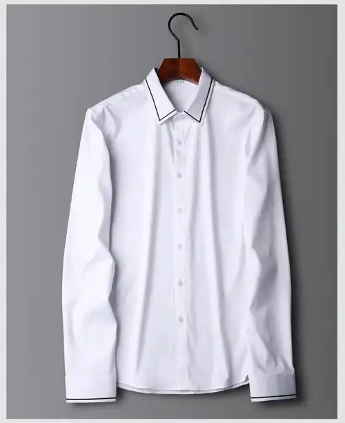 恒源祥集团l彩羊 感男士白衬衫长袖刺绣花边修身潮帅衬衣商务正装衬衫