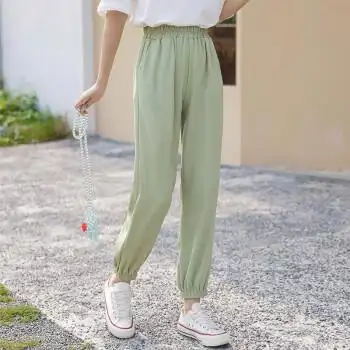 夏天的裤子女初中生冰丝哈伦裤子女夏季薄款宽松休闲九分束脚雪纺凉凉
