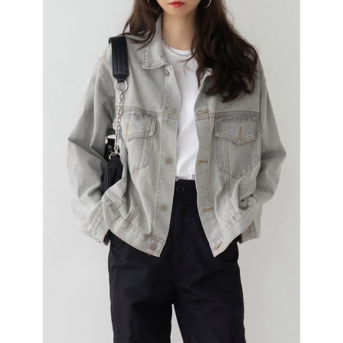 floradance水洗灰色牛仔外套2022做旧复古盐系bf风宽松休闲上衣女