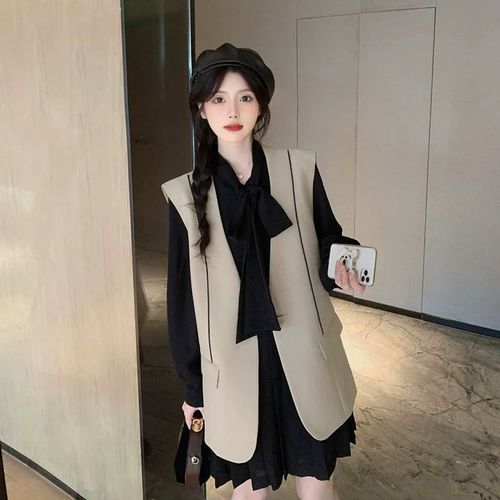 2023年新款女装早秋时尚穿搭马甲两件套装高级感内搭衬衫连衣裙子