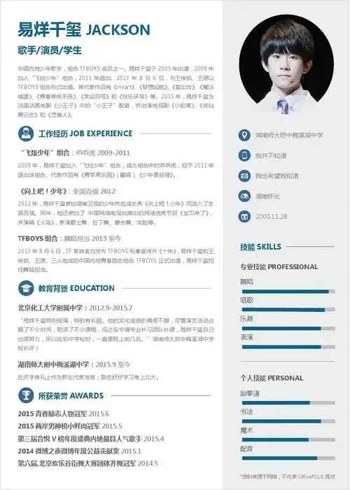 > tfboys易烊千玺简历-歌手演员-高中-word简历模板个人技能 personal