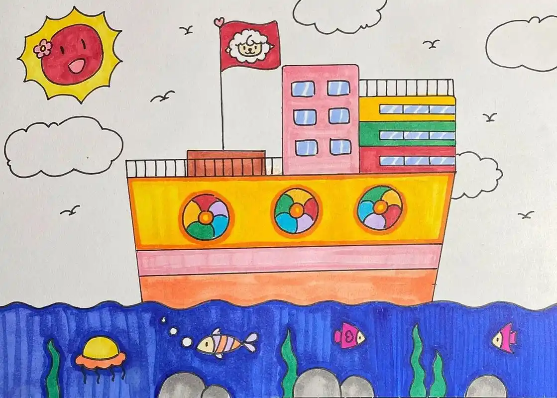 轮船儿童创意画 儿童画 带线稿 简单易画
