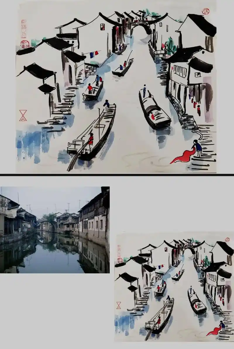 少儿美术江南水乡彩墨速写课例 - 抖音