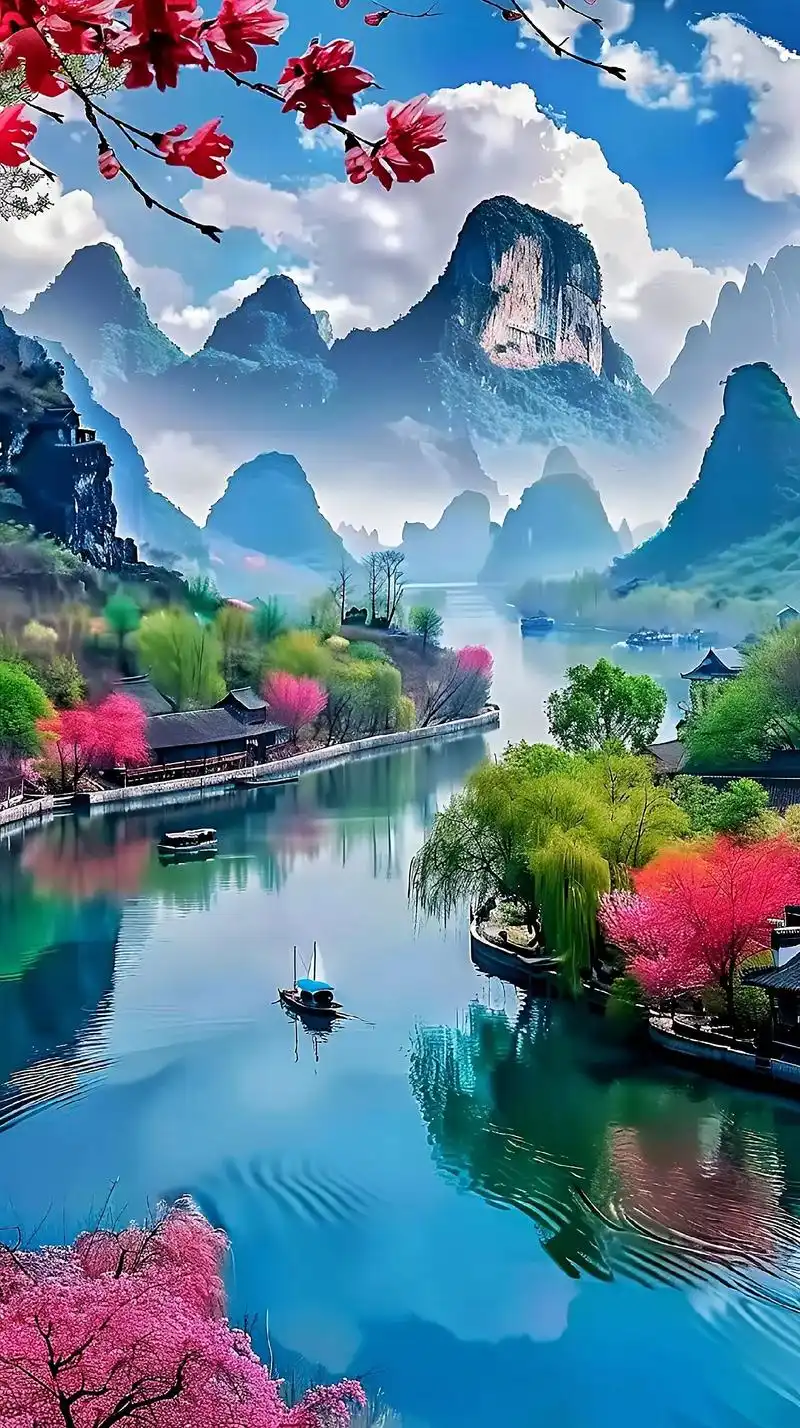 桂林山水景色优, 翠影红霞映眼眸. 碧浪轻舟浮画卷, 奇峰异洞韵长留