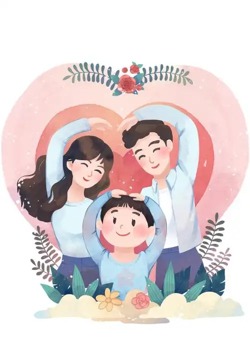 水彩风格三口之家亲子家庭合影插画