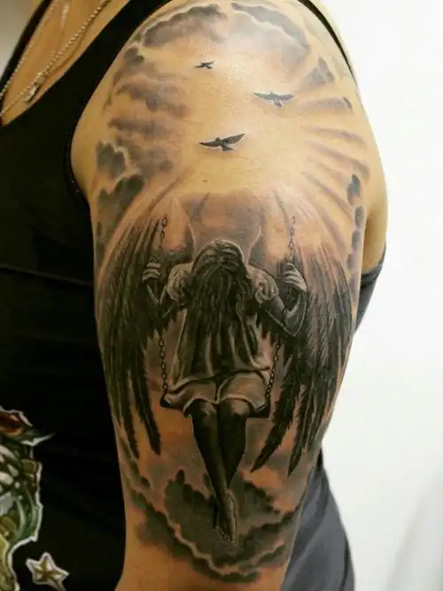 天使翅膀纹身图案多款黑灰色调带翅膀的天使纹身图案