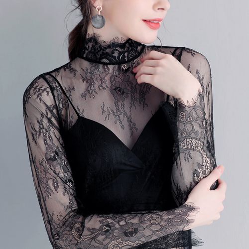 黑色蕾丝衫女内搭春款紧身洋气长袖上衣女透视镂空高领网纱打底衫