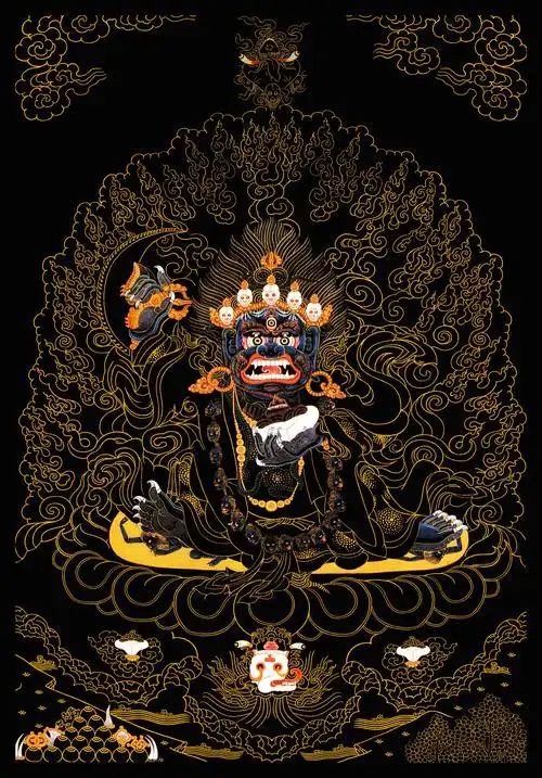 二臂玛哈嘎拉手绘静心唐卡金线减压涂色diydiy