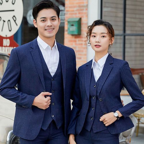 新款蓝色条纹西装套装男女休闲商务职业套装新郎结婚礼服修身