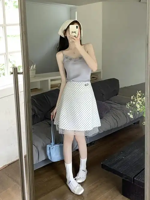 实拍实价~新款法式白色波点高腰半身裙百搭显瘦气质设计感a字裙 - 17