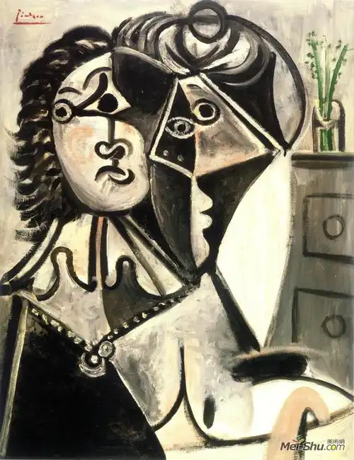 花瓶边的男人和女人半身像巴伯洛毕加索油画作品欣赏