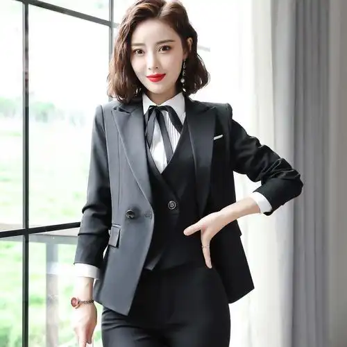 小西装外套女秋冬职业装马甲套装胖mm加肥加大码正装200斤工作服