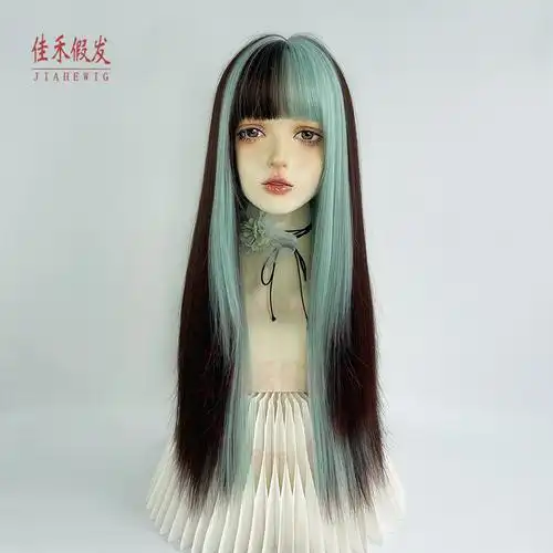 佳禾黑蓝色挑染假发地雷系挑染全头套y2k巴黎画染亚文化jk长直发