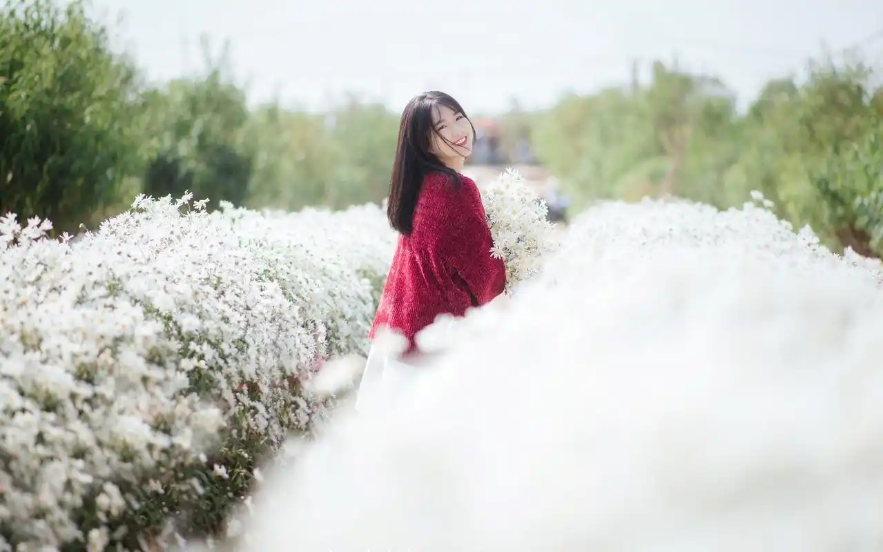 唯美小清新长发白嫩美女雏菊花田写真