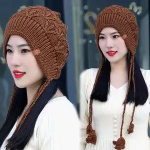 宽边麻花针织女秋冬百搭单层小辫辫护耳包头毛线帽子针织甜美可爱