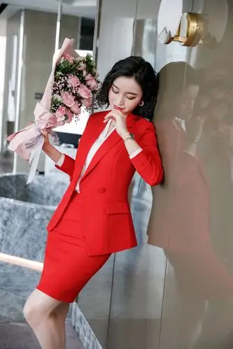 红色西服套装女2019秋冬ol职业装工作服晚会礼会主持人西装外套女