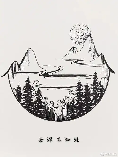 用针管笔手绘黑白插画,画中有诗 !