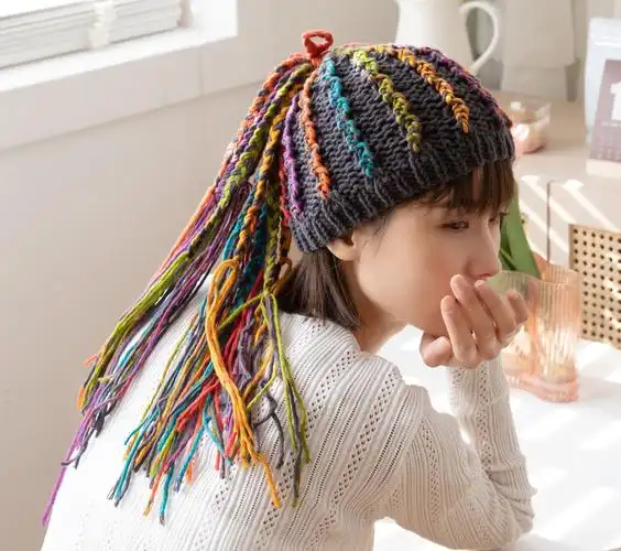 帽子女秋季手工编织嘻哈民族风棉线脏辫帽搞怪毛线假发帽秋冬款帽