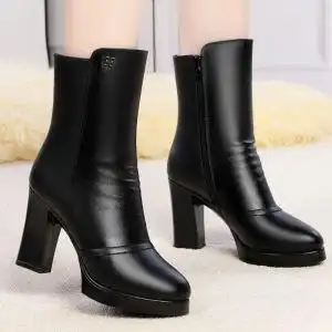 女士棉靴子中筒高跟图片