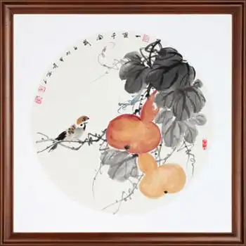 尚礼阁手绘国画装饰画带框新中式字画实木框客厅餐厅圆形花鸟居家挂件