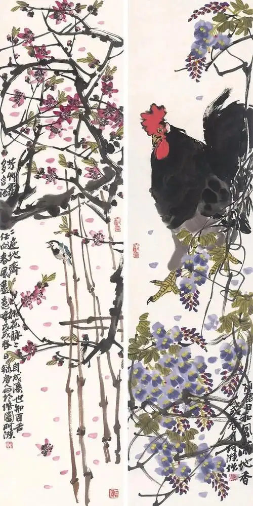 郑阿湃 花鸟条屏 138×34cm×2 纸本设色 2018年